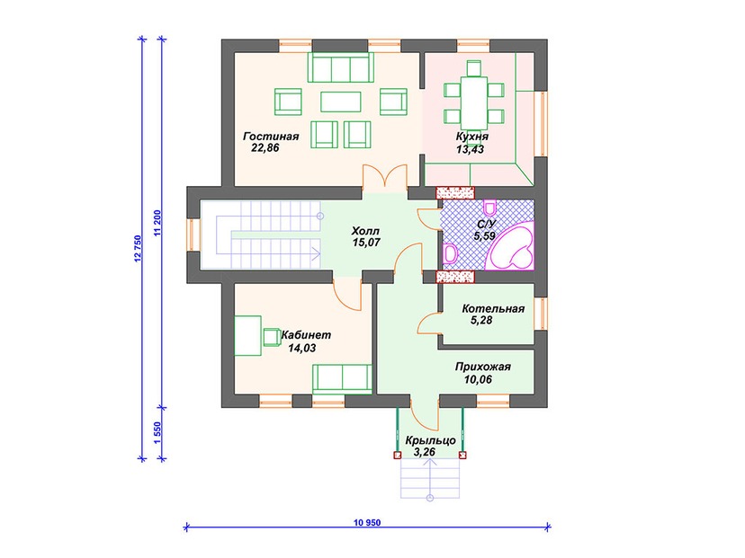 Газобетонный дом с котельной, мансардой - VG350 "Маккинни" план первого этаж