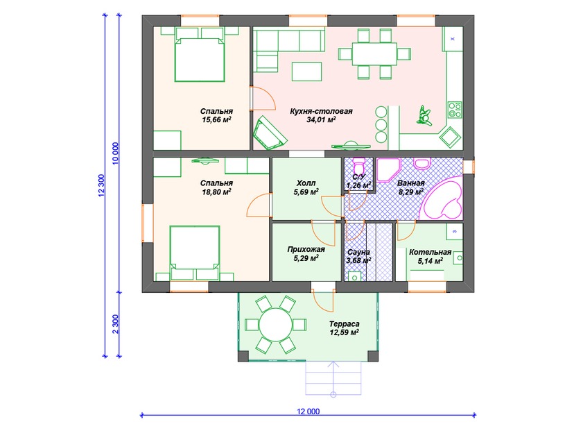 Газобетонный дом с котельной, сауной, террасой - VG304 "Гранд-Рэпидс" план первого этаж