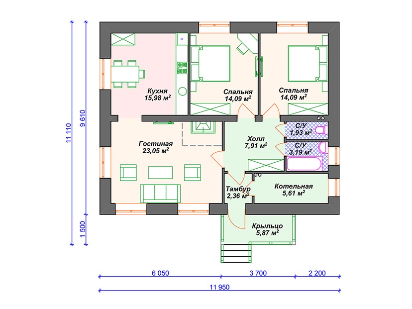 Каркасный дом 11x12 с котельной – проект V360 "Хэйвард" план первого этаж