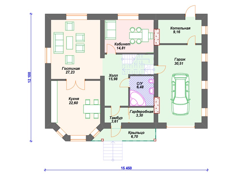 Каркасный дом 12x15 с котельной, балконом, эркером – проект V349 "Манчестер" план первого этаж