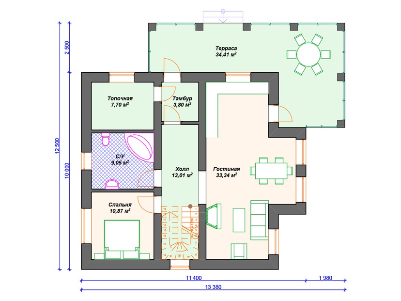 Газобетонный дом с котельной, террасой - VG302 "Грин Бэй" план первого этаж