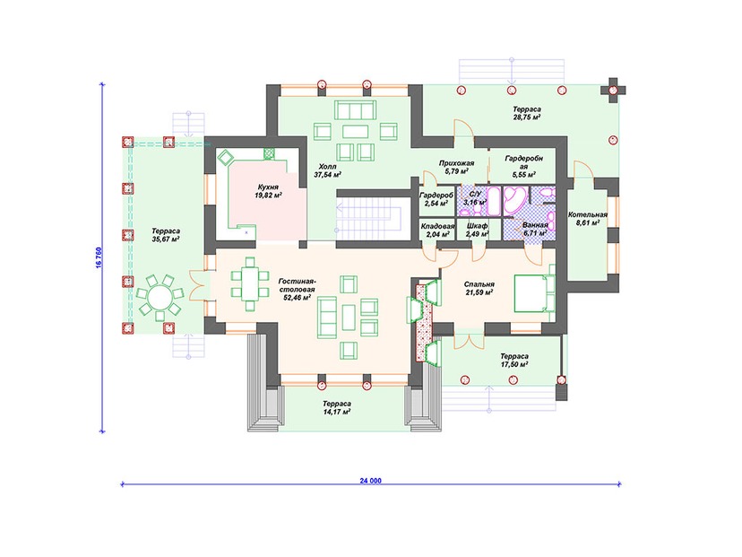 Каркасный дом 17x24 с котельной, террасой, мансардой – проект V348 "Мемфис" план первого этаж