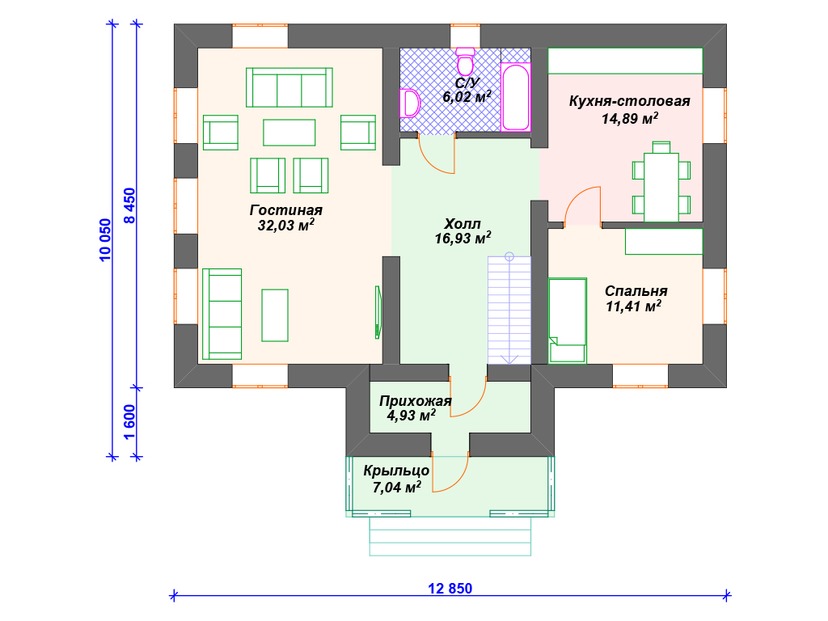Газобетонный дом с мансардой - VG326 "Портленд" план первого этаж