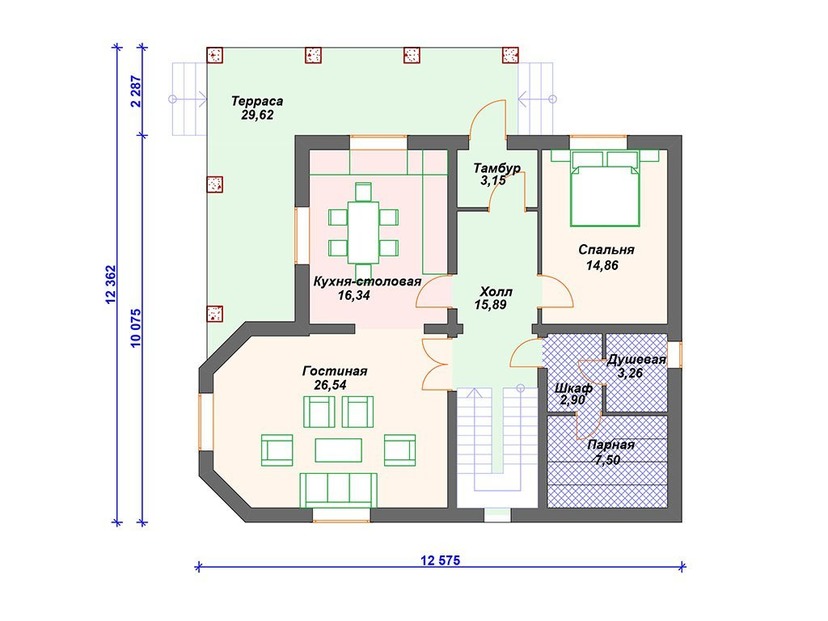 Каркасный дом 12x13 с сауной, террасой, эркером – проект V347 "Мерфрисборо" план первого этаж