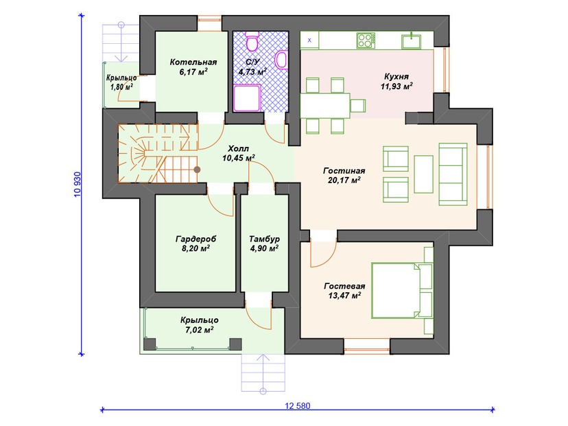 Газобетонный дом с котельной, балконом, мансардой - VG301 "Гринсборо" план первого этаж