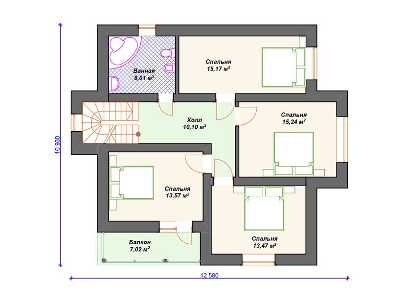 Каркасный дом 11x13 с котельной, балконом, мансардой – проект V301 "Гринсборо" план мансардного этажа