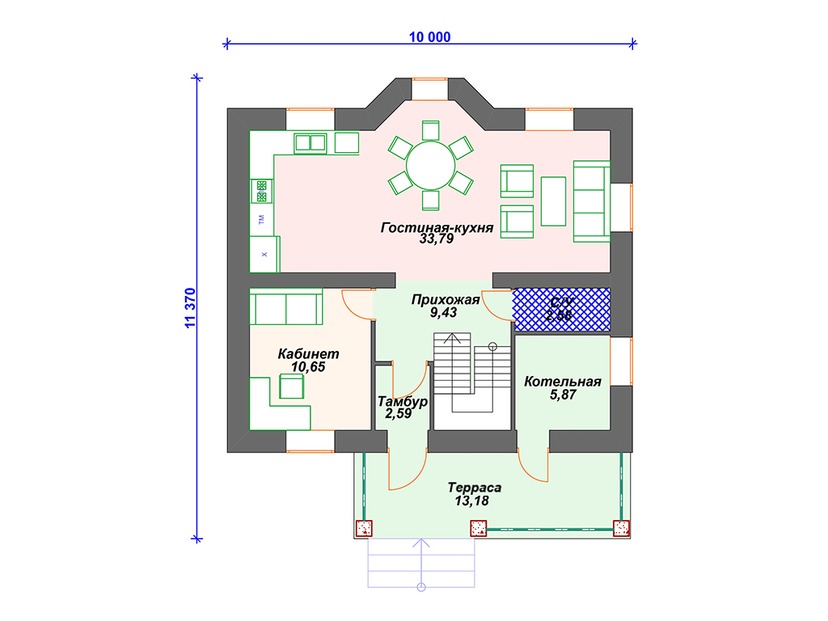 Каркасный дом 11x10 с котельной, балконом, террасой – проект V358 "Напервилл" план первого этаж