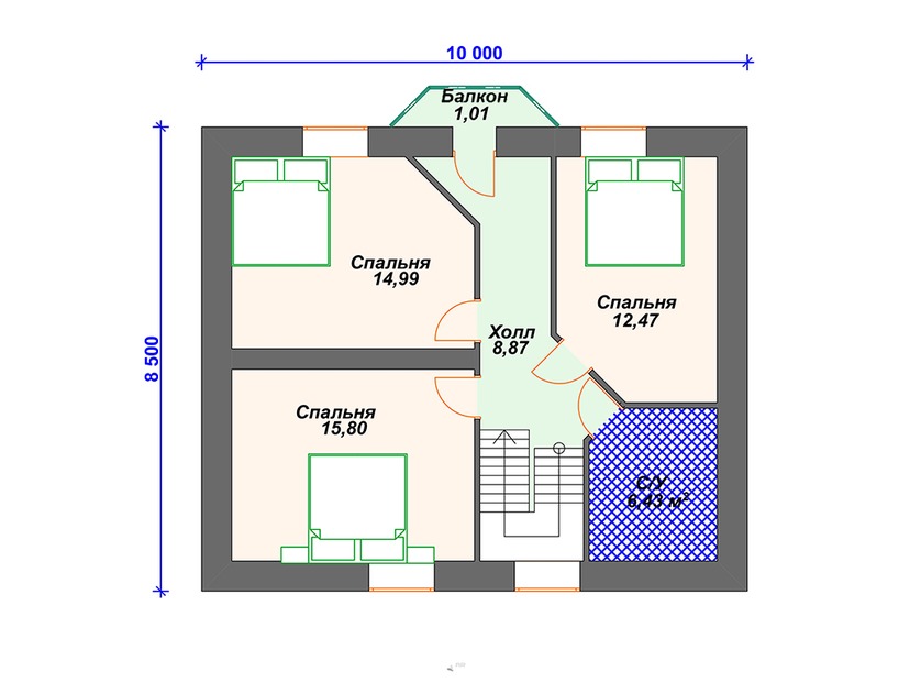 Каркасный дом 11x10 с котельной, балконом, террасой – проект V358 "Напервилл" план мансардного этажа