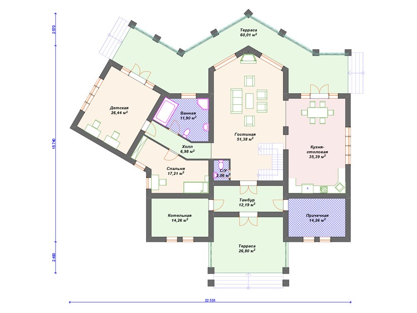 Каркасный дом 21x23 с котельной, террасой, эркером – проект V346 "Мескит" план первого этаж