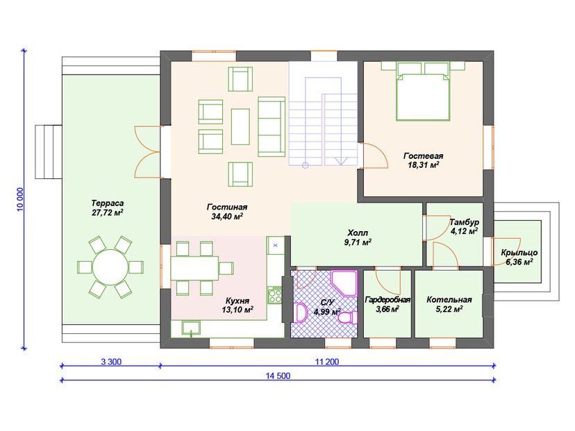 Каркасный дом 10x15 с котельной, террасой, мансардой – проект V300 "Цинциннати" план первого этаж