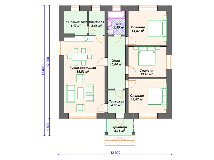 Дом по технологии Теплая керамика VK271 "Уинстон-Сейлем" c 3 спальнями план первого этаж