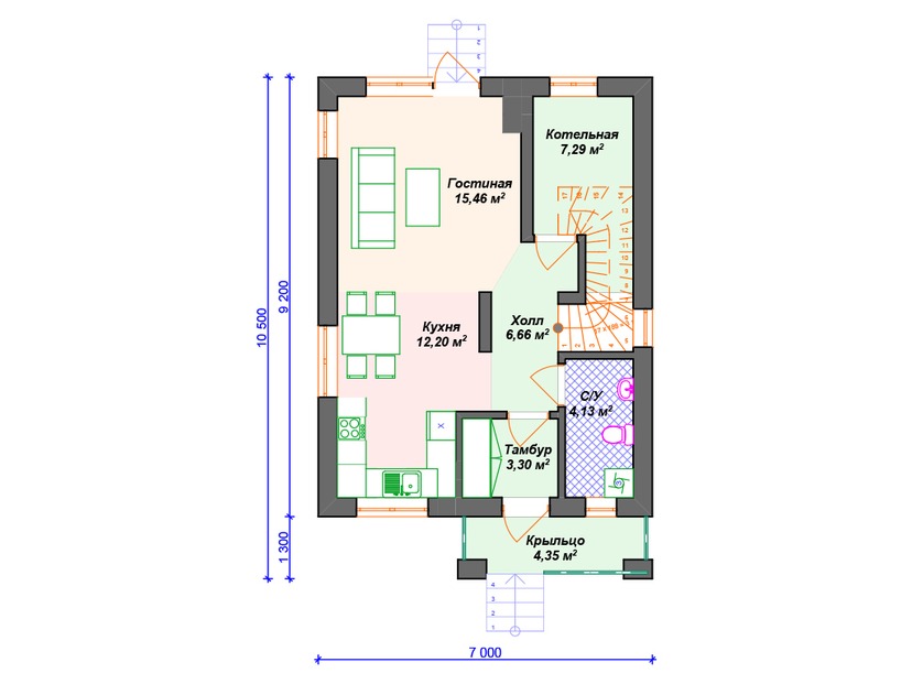 Каркасный дом 11x7 с котельной, балконом, мансардой – проект V270 "Уичита" план первого этаж