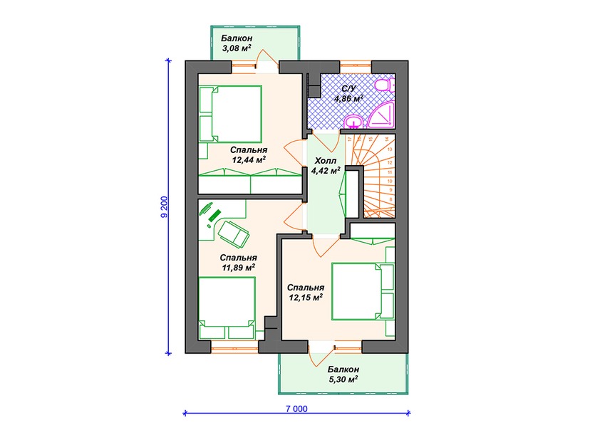 Каркасный дом 11x7 с котельной, балконом, мансардой – проект V270 "Уичита" план мансардного этажа