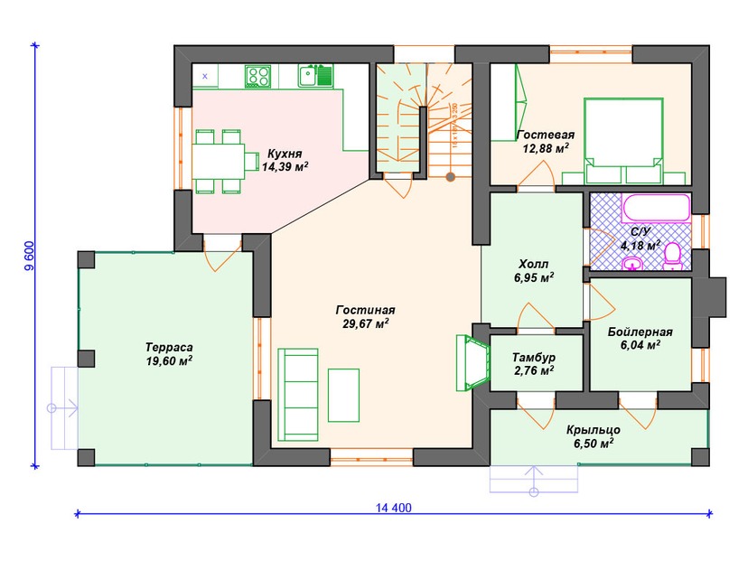 Каркасный дом 10x14 с котельной, балконом, террасой – проект V250 "Миссисипи" план первого этаж