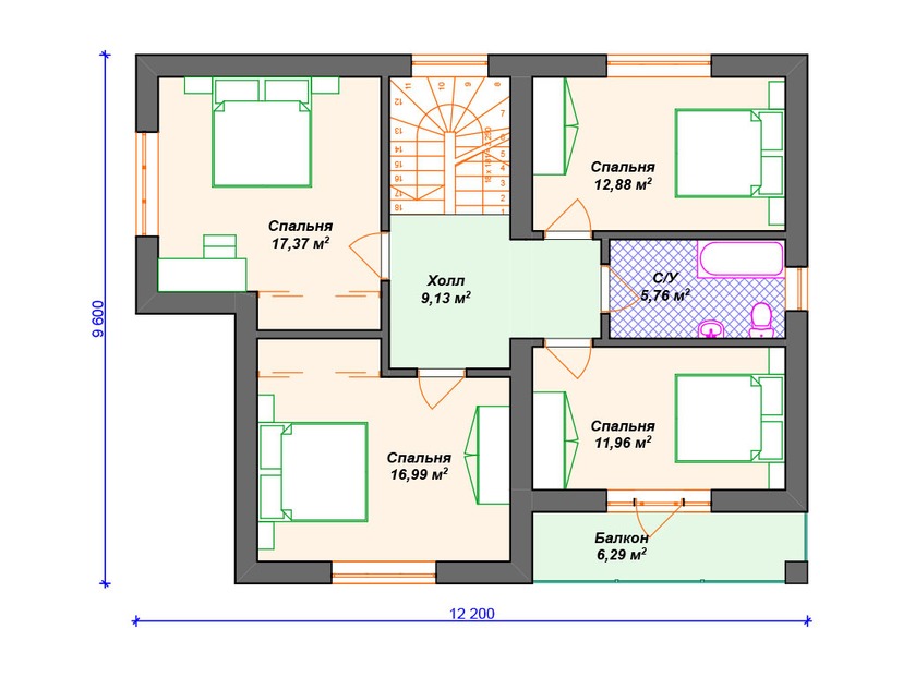 Каркасный дом 10x14 с котельной, балконом, террасой – проект V250 "Миссисипи" план мансардного этажа