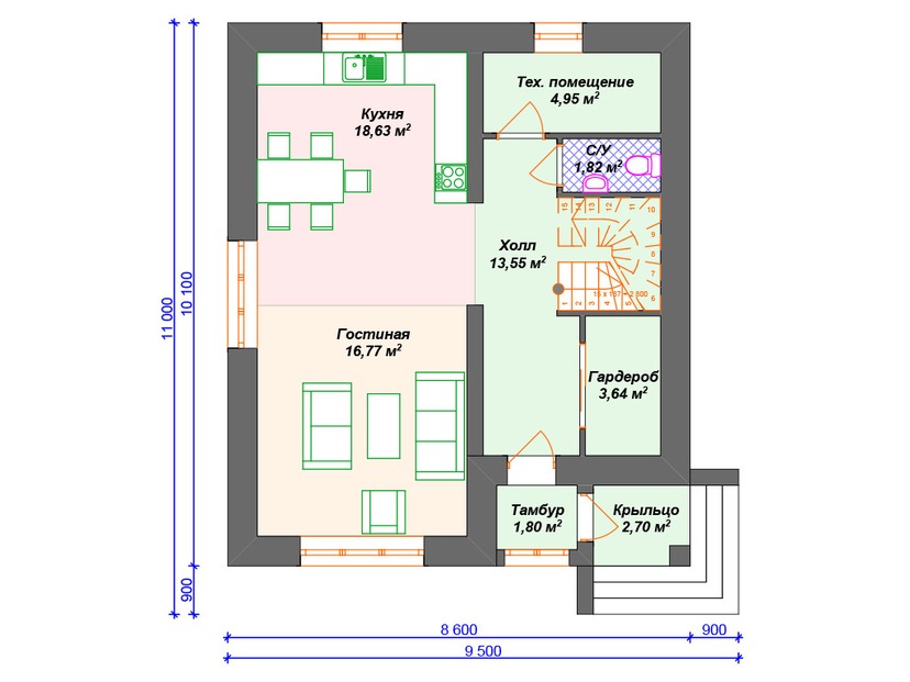 Каркасный дом 11x10 с мансардой – проект V249 "Миссури" план первого этаж