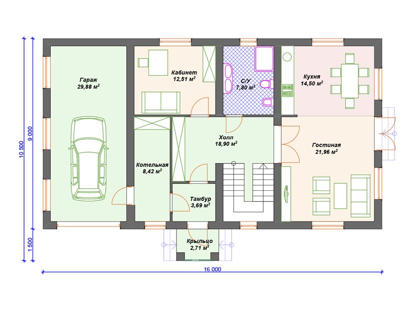 Каркасный дом 11x16 с котельной, гаражом – проект V248 "Юкон" план первого этаж