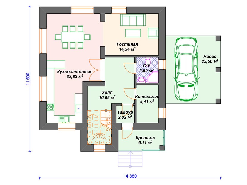 Каркасный дом 12x14 с котельной, балконом, мансардой – проект V269 "Уичито-Фолc" план первого этаж