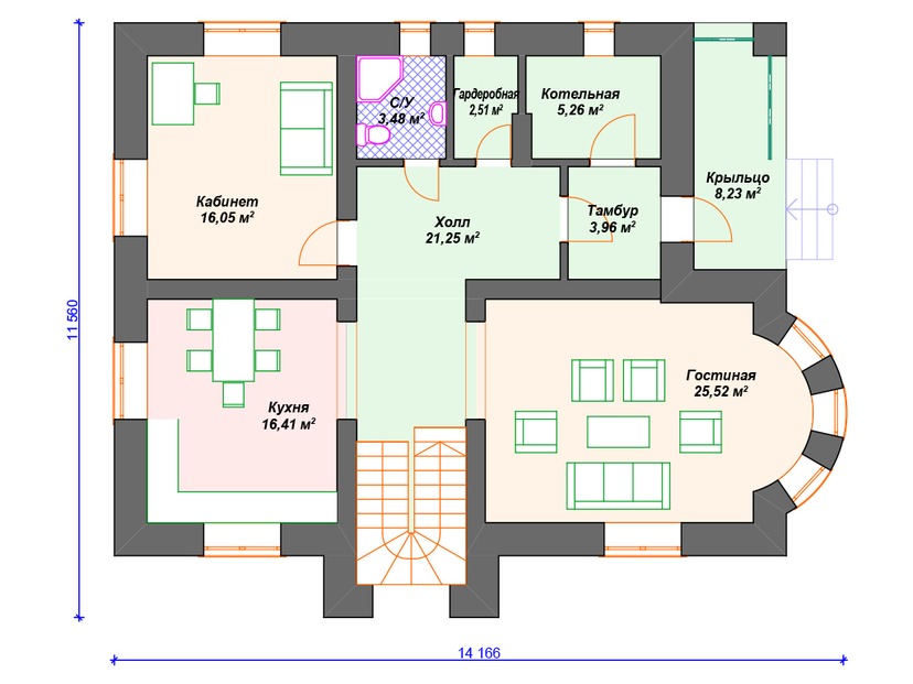 Каркасный дом 12x14 с котельной, балконом, эркером – проект V268 "Уоррен" план первого этаж