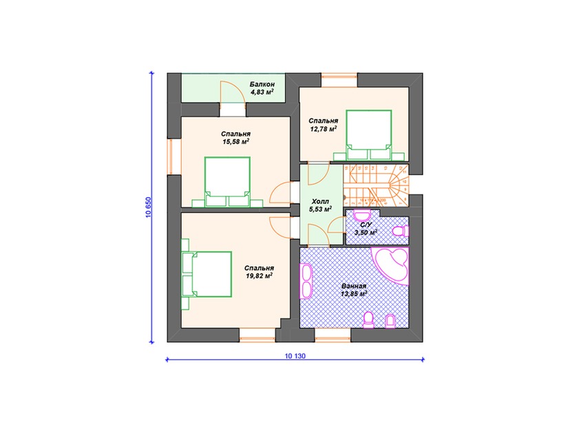 Каркасный дом 12x10 с балконом, котельной, мансардой – проект V267 "Уотербери" план мансардного этажа