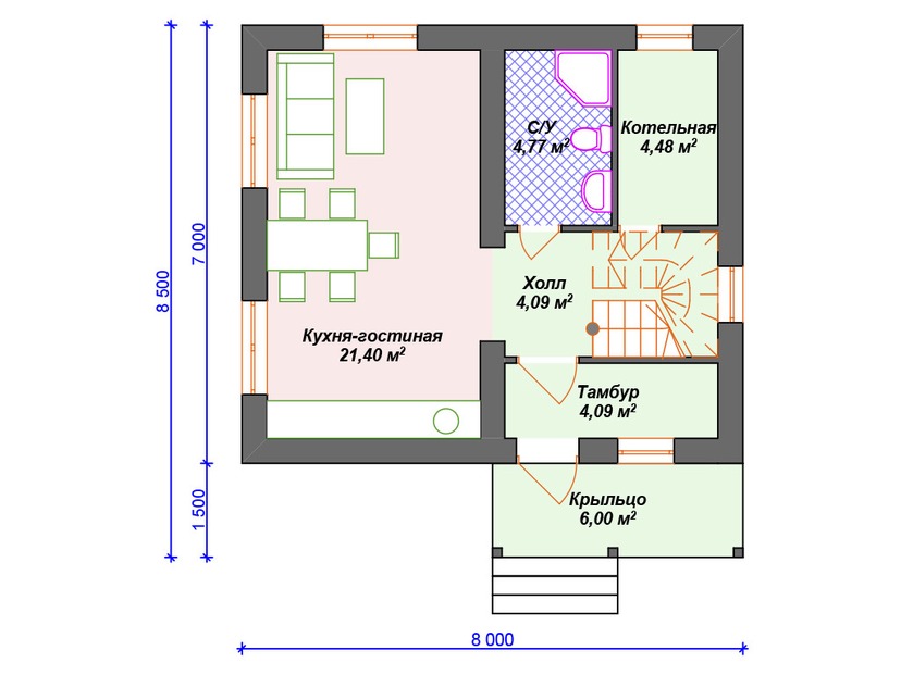 Дом из газосиликатного блока с котельной, мансардой - VG266 "Уэйко" план первого этаж