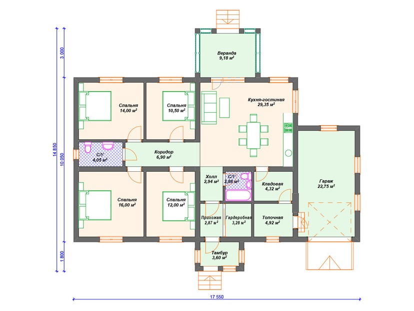 Дом по технологии Теплая керамика VK244 "Колорадо" c 4 спальнями план первого этаж