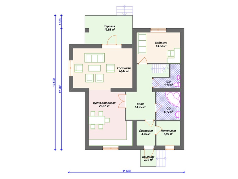 Каркасный дом 14x12 с котельной, балконом, террасой – проект V288 "Олэйта" план первого этаж