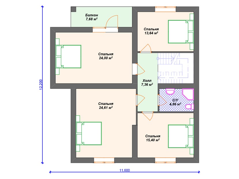 Каркасный дом 14x12 с котельной, балконом, террасой – проект V288 "Олэйта" план мансардного этажа