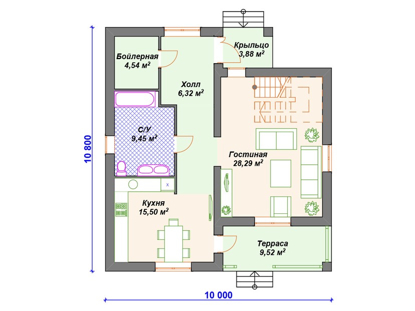 Дом по технологии Теплая керамика VK287 "Омаха" c 3 спальнями план первого этаж