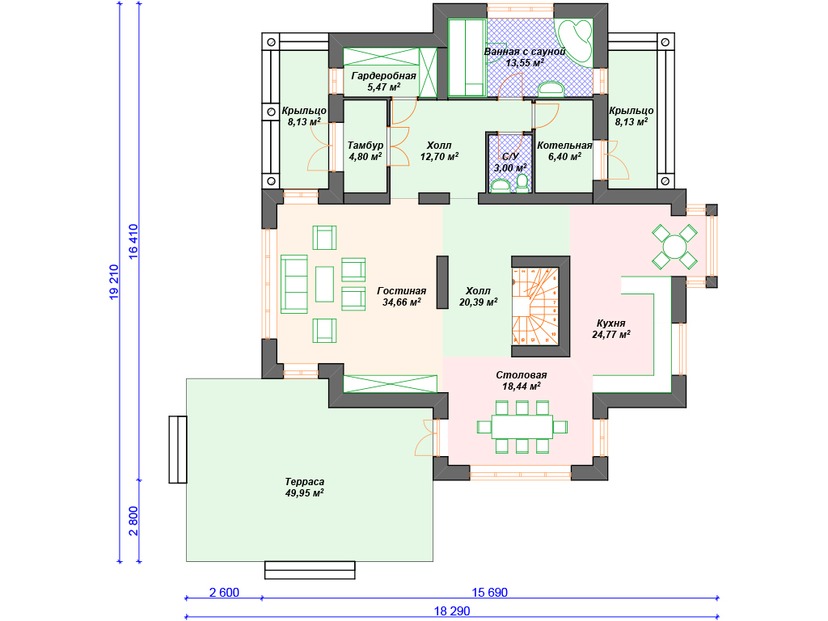 Каркасный дом 19x18 с котельной, сауной, террасой – проект V263 "Филадельфия" план первого этаж