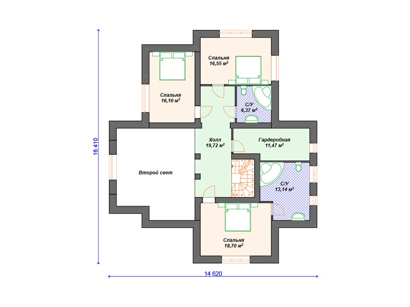 Каркасный дом 19x18 с котельной, сауной, террасой – проект V263 "Филадельфия" план второго этажа