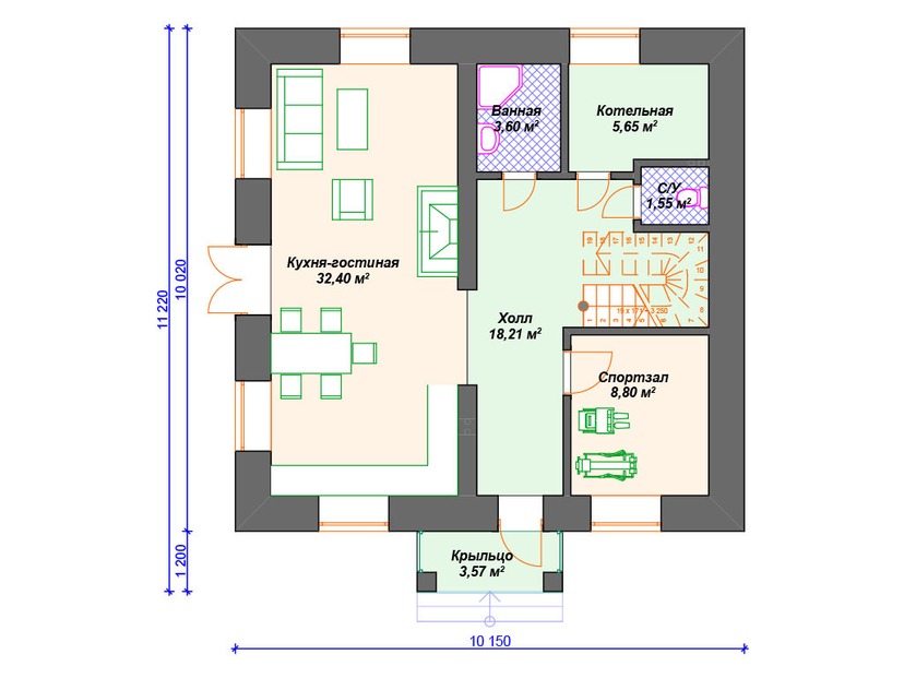 Каркасный дом 11x10 с котельной – проект V262 "Финикс" план первого этаж