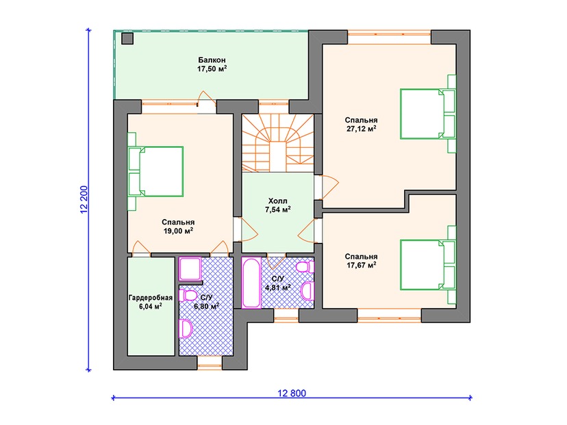 Каркасный дом 12x13 с котельной, балконом, террасой – проект V283 "Остин" план второго этажа