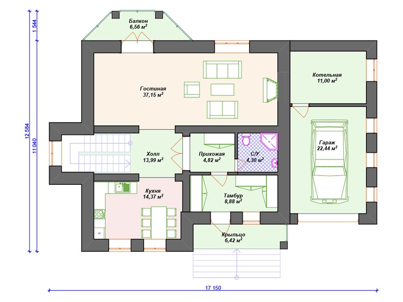 Каркасный дом 13x17 с балконом, котельной, гаражом – проект V261 "Флинт" план первого этаж
