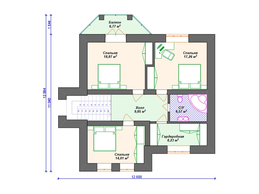 Каркасный дом 13x17 с балконом, котельной, гаражом – проект V261 "Флинт" план второго этажа