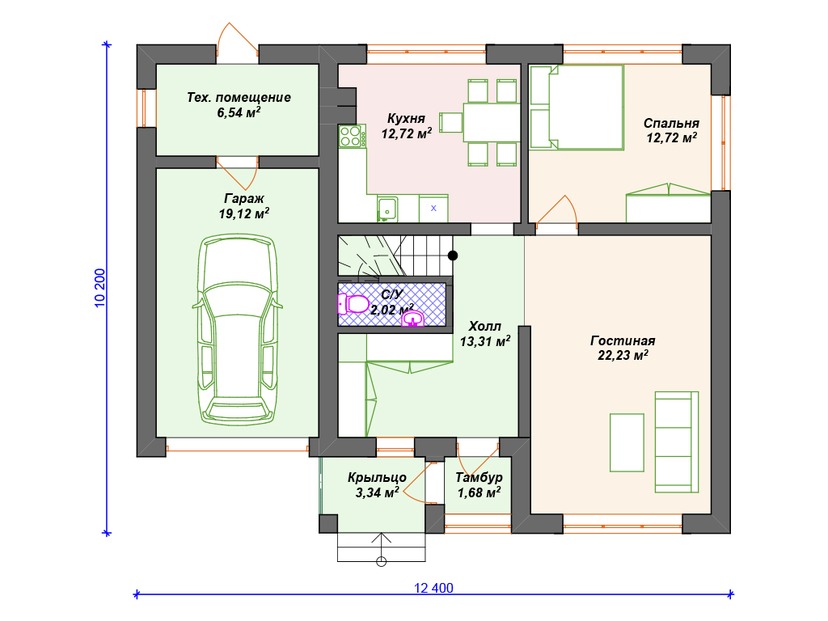 Каркасный дом 10x12 с гаражом – проект V281 "Раунд Рок" план первого этаж