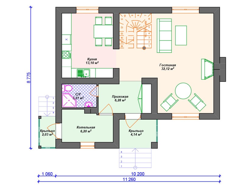 Каркасный дом 9x11 с котельной – проект V258 "Форт Уэйн" план первого этаж