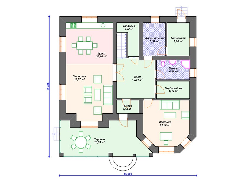 Каркасный дом 14x14 с котельной, террасой, эркером – проект V257 "Форт-Лодердейл" план первого этаж
