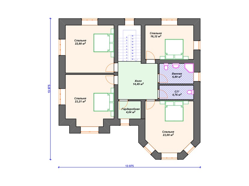 Каркасный дом 14x14 с котельной, террасой, эркером – проект V257 "Форт-Лодердейл" план второго этажа