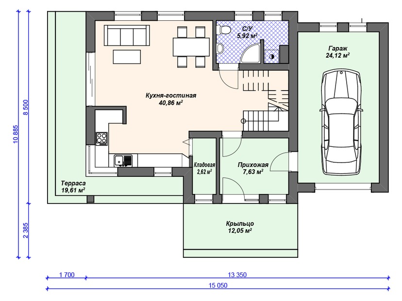 Каркасный дом 11x15 с балконом, террасой, гаражом – проект V280 "Риверсайд" план первого этаж