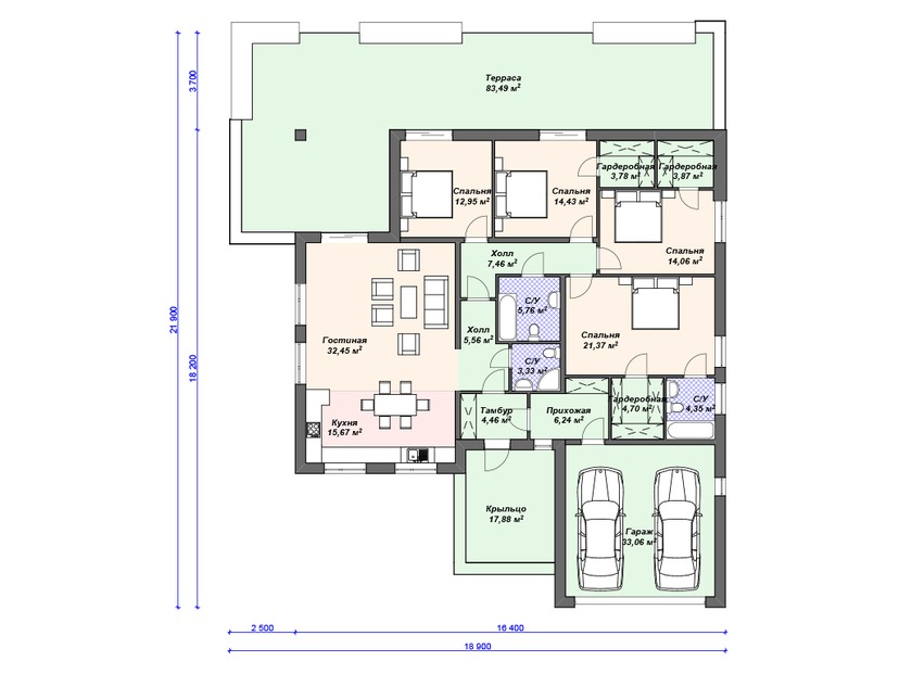 Каркасный дом 22x19 с террасой, гаражом – проект V278 "Ричардсон" план первого этаж