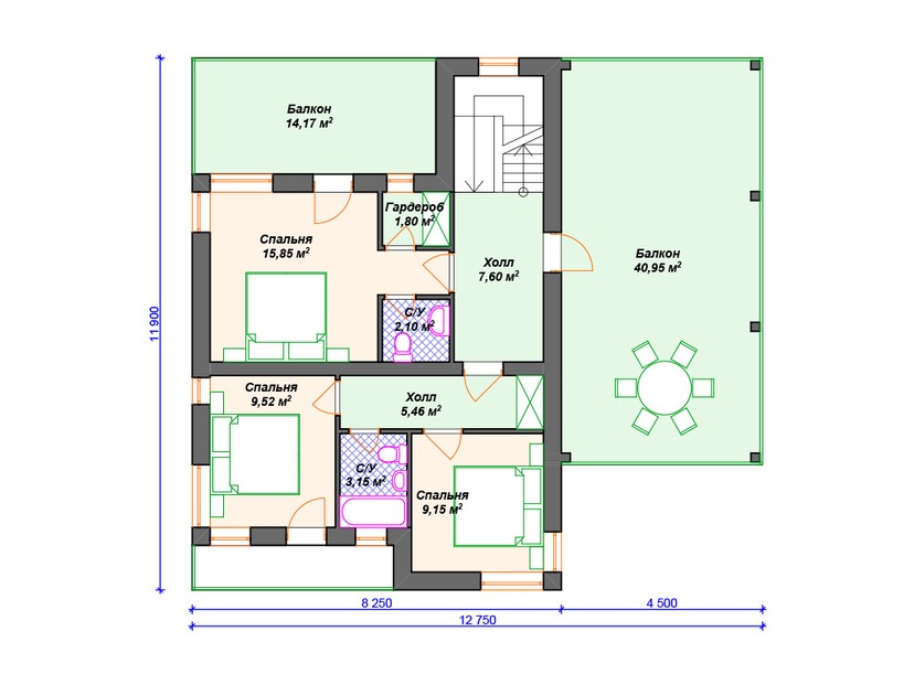 Каркасный дом 12x15 с котельной, балконом, террасой – проект V254 "Фримонт" план второго этажа