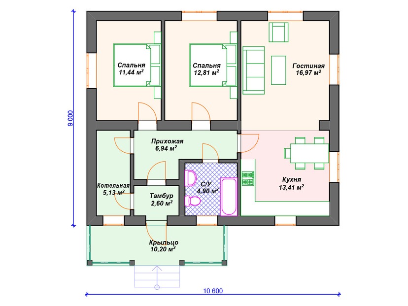 Дом по технологии Теплая керамика VK243 "Алабама" c 2 спальнями план первого этаж