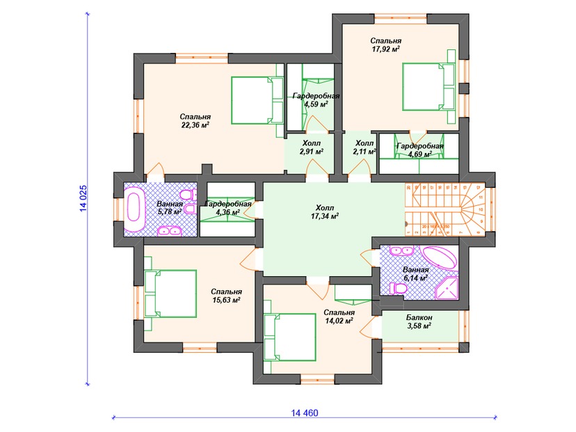 Каркасный дом 19x14 с балконом, террасой, гаражом – проект V276 "Рокфорд" план второго этажа