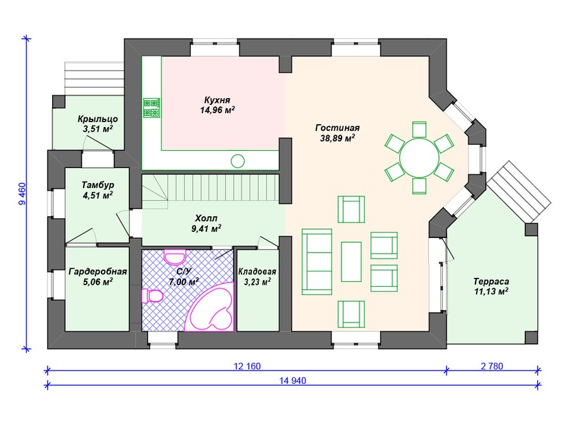Дом по технологии Теплая керамика VK253 "Фриско" c 3 спальнями план первого этаж