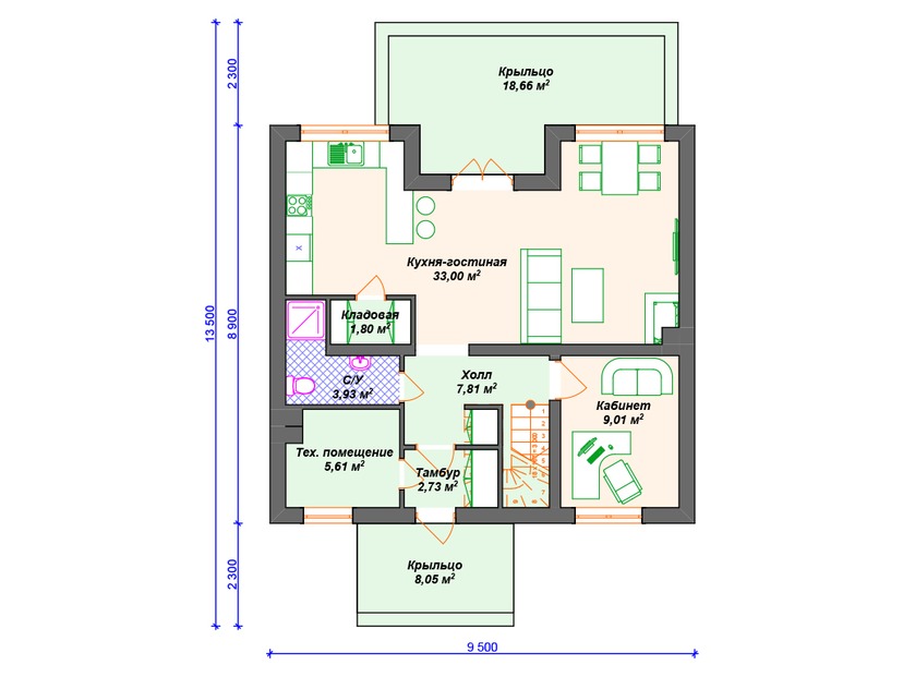 Дом по технологии Теплая керамика VK275 "Роли" c 4 спальнями план первого этаж