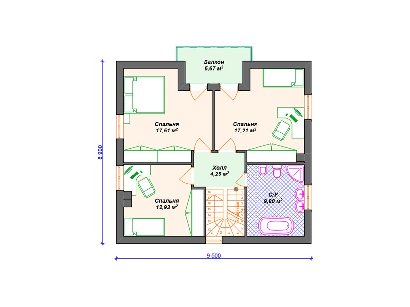 Дом по технологии Теплая керамика VK275 "Роли" c 4 спальнями план мансардного этажа