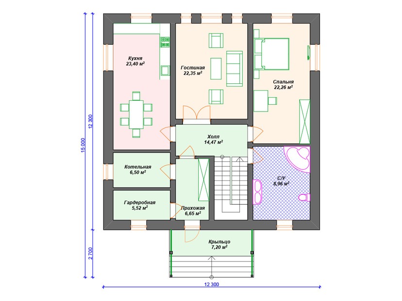Каркасный дом 15x12 с котельной – проект V252 "Фуллертон" план первого этаж