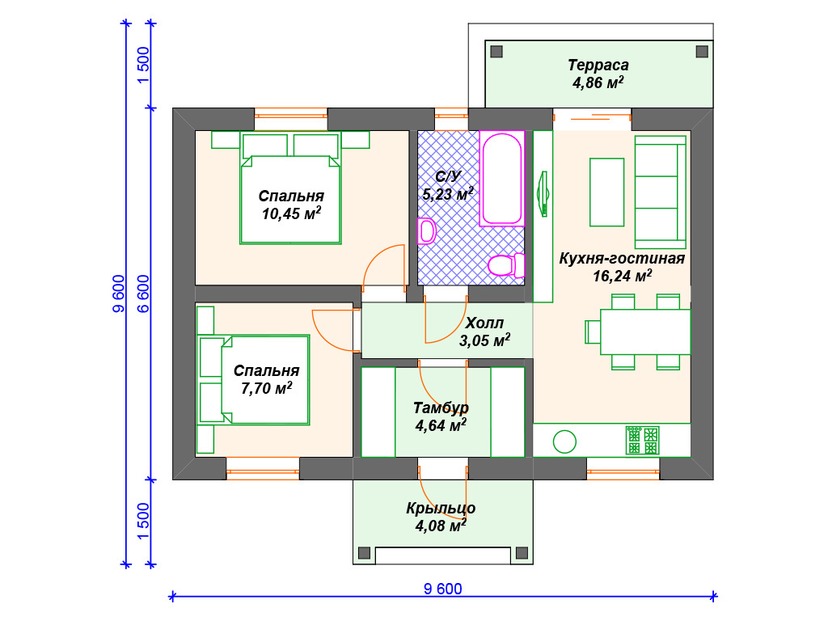 Дом по технологии Теплая керамика VK241 "Аризона" c 2 спальнями план первого этаж