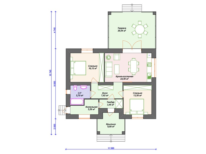 Каркасный дом 16x12 с котельной, террасой – проект V251 "Фэрфилд" план первого этаж